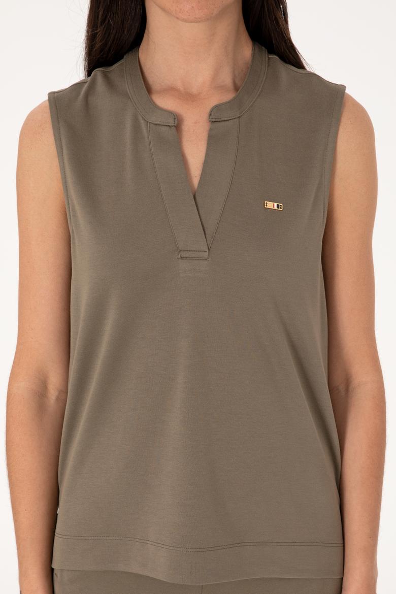 Kadın Vizon Kolsuz V Yaka Tişört - 50306736027