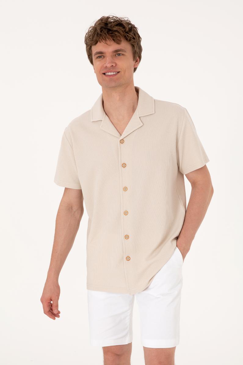 Erkek Taş Apaş Yaka Kısa Kollu Örme Gömlek