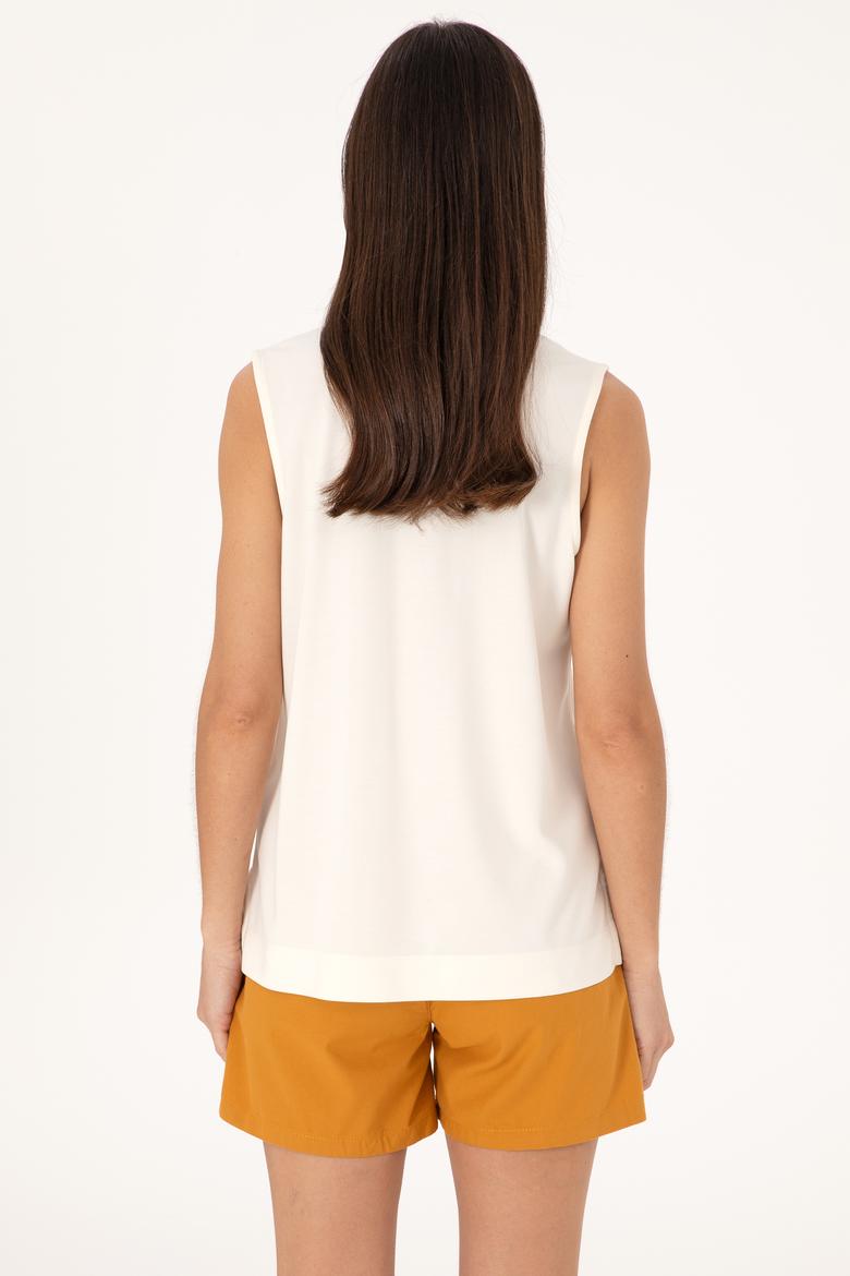 Kadın Krem Kolsuz V Yaka Tişört - 50306736020