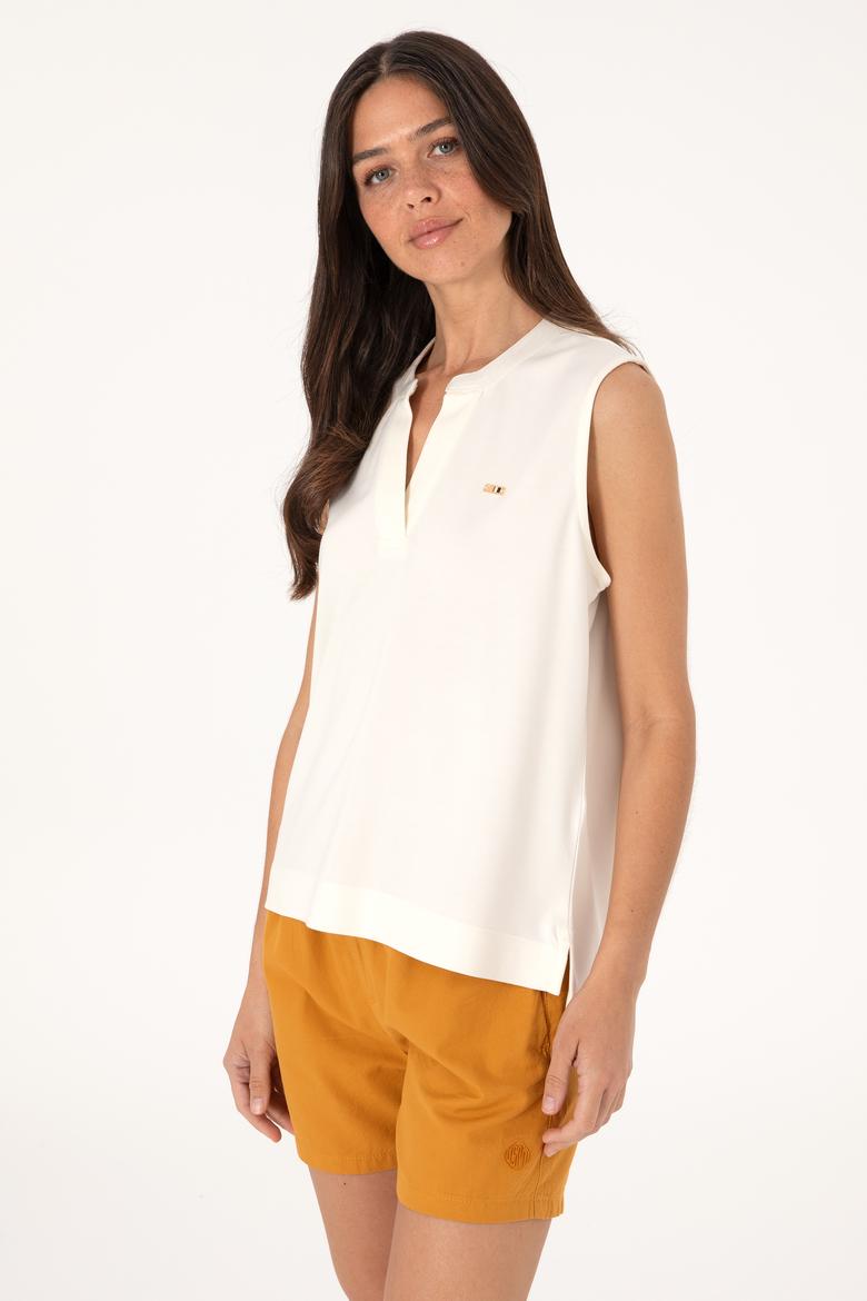 Kadın Krem Kolsuz V Yaka Tişört