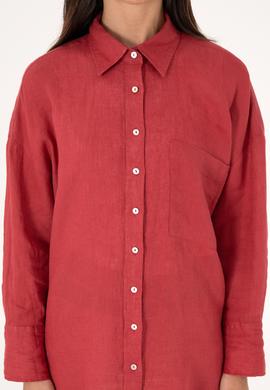 Kadın Vişne Keten Uzun Kollu Gömlek - 50299794026