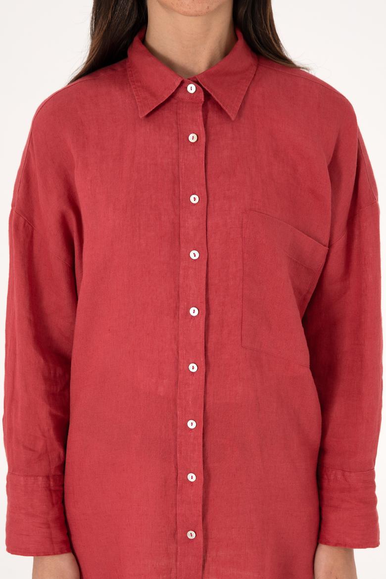 Kadın Vişne Keten Uzun Kollu Gömlek - 50299794026