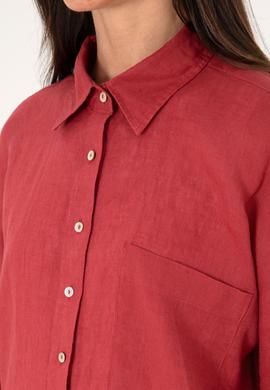 Kadın Vişne Keten Uzun Kollu Gömlek - 50299794026