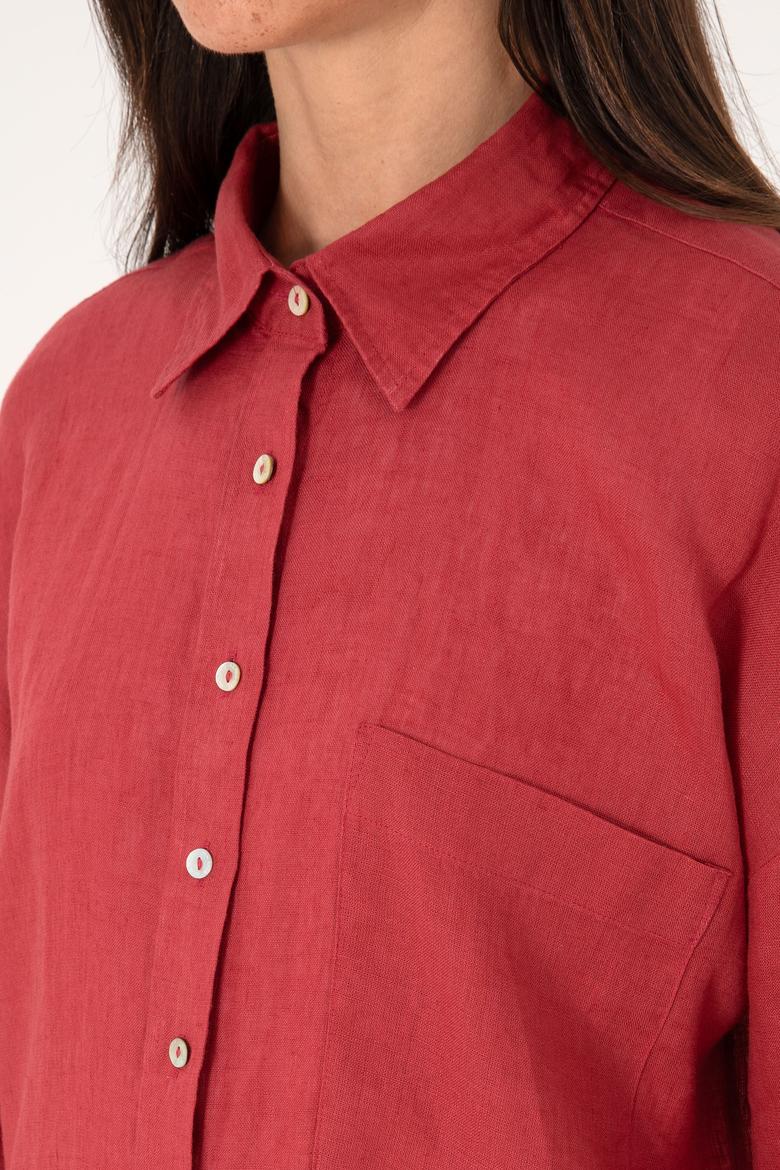 Kadın Vişne Keten Uzun Kollu Gömlek - 50299794026