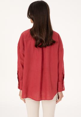 Kadın Vişne Keten Uzun Kollu Gömlek - 50299794026