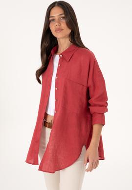 Kadın Vişne Keten Uzun Kollu Gömlek - 50299794026