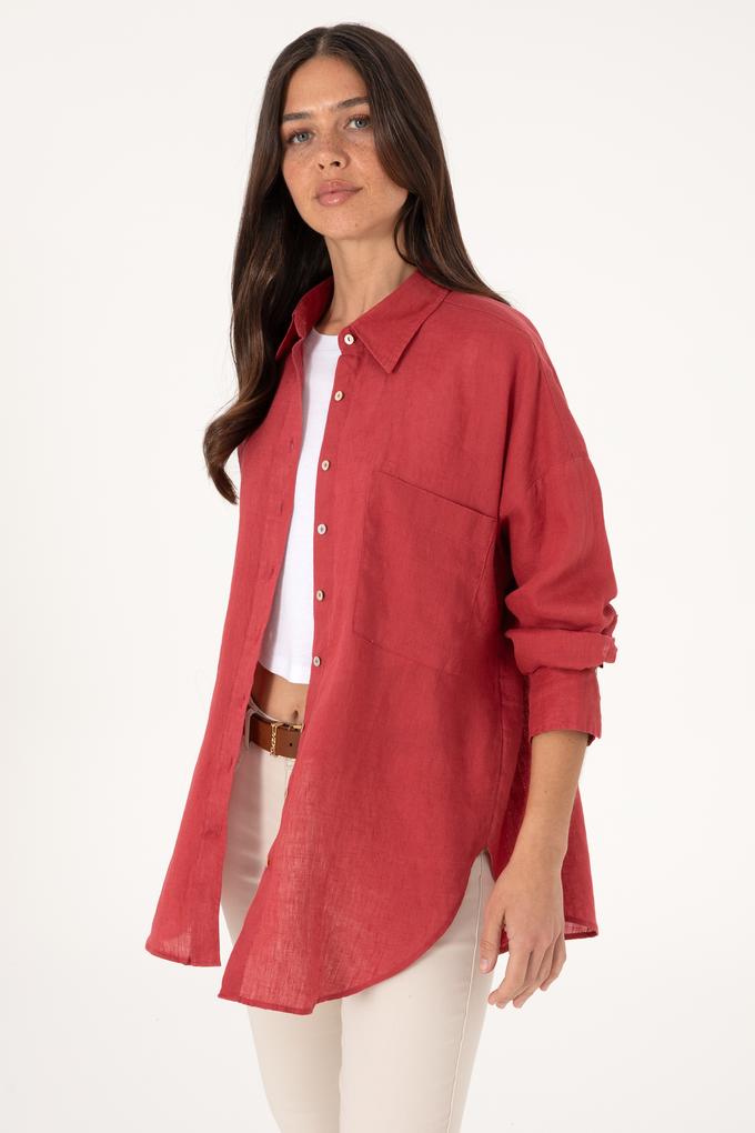 Kadın Vişne Keten Uzun Kollu Gömlek
