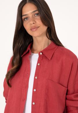 Kadın Vişne Keten Uzun Kollu Gömlek - 50299794026