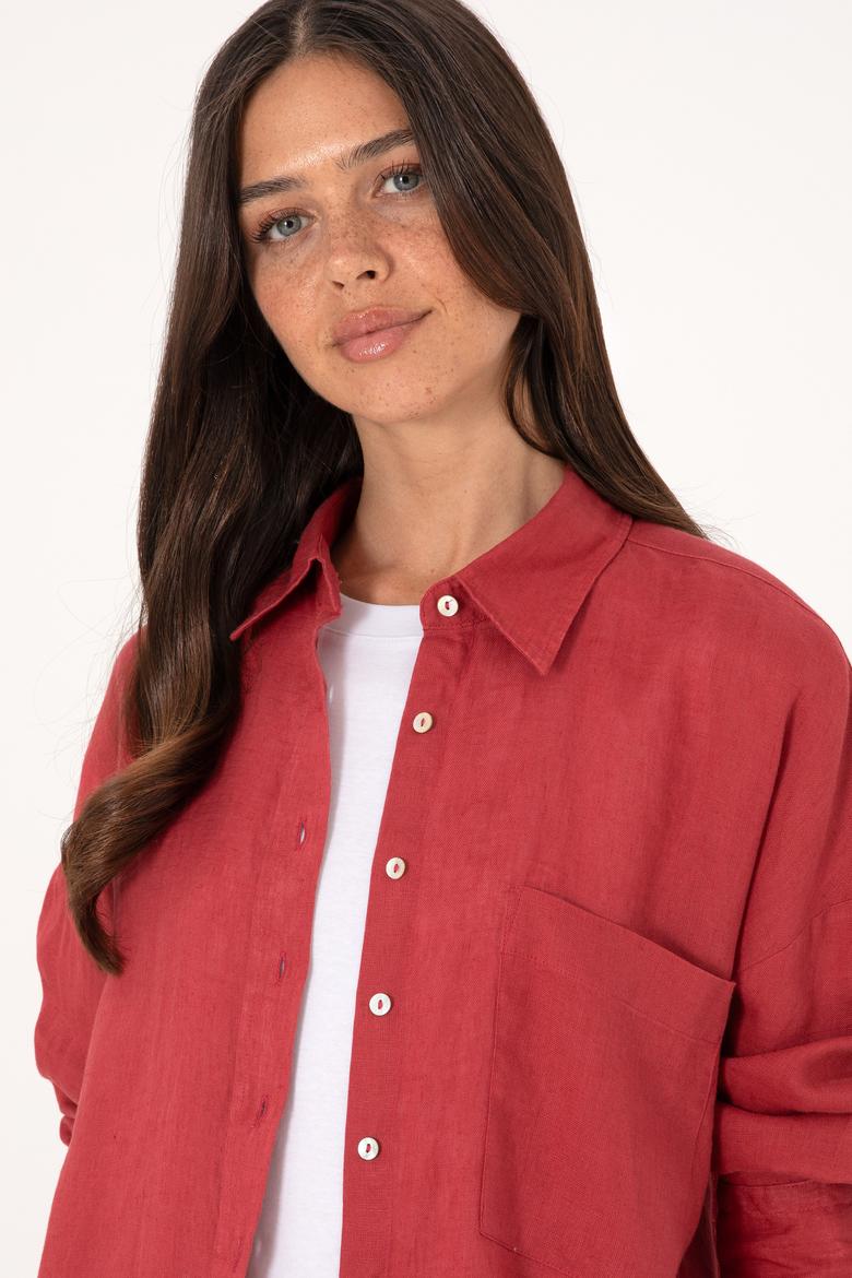 Kadın Vişne Keten Uzun Kollu Gömlek - 50299794026
