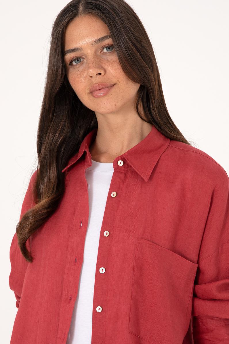 Kadın Vişne Keten Uzun Kollu Gömlek