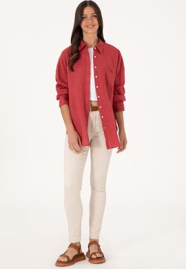 Kadın Vişne Keten Uzun Kollu Gömlek - 50299794026