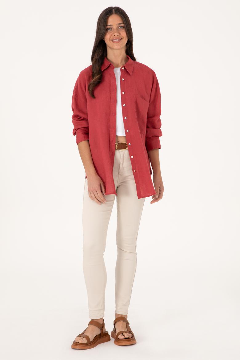 Kadın Vişne Keten Uzun Kollu Gömlek - 50299794026
