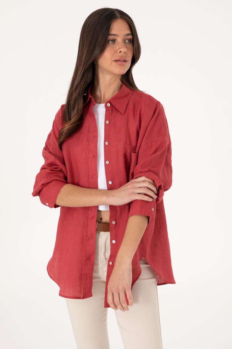 Kadın Vişne Keten Uzun Kollu Gömlek - 50299794026