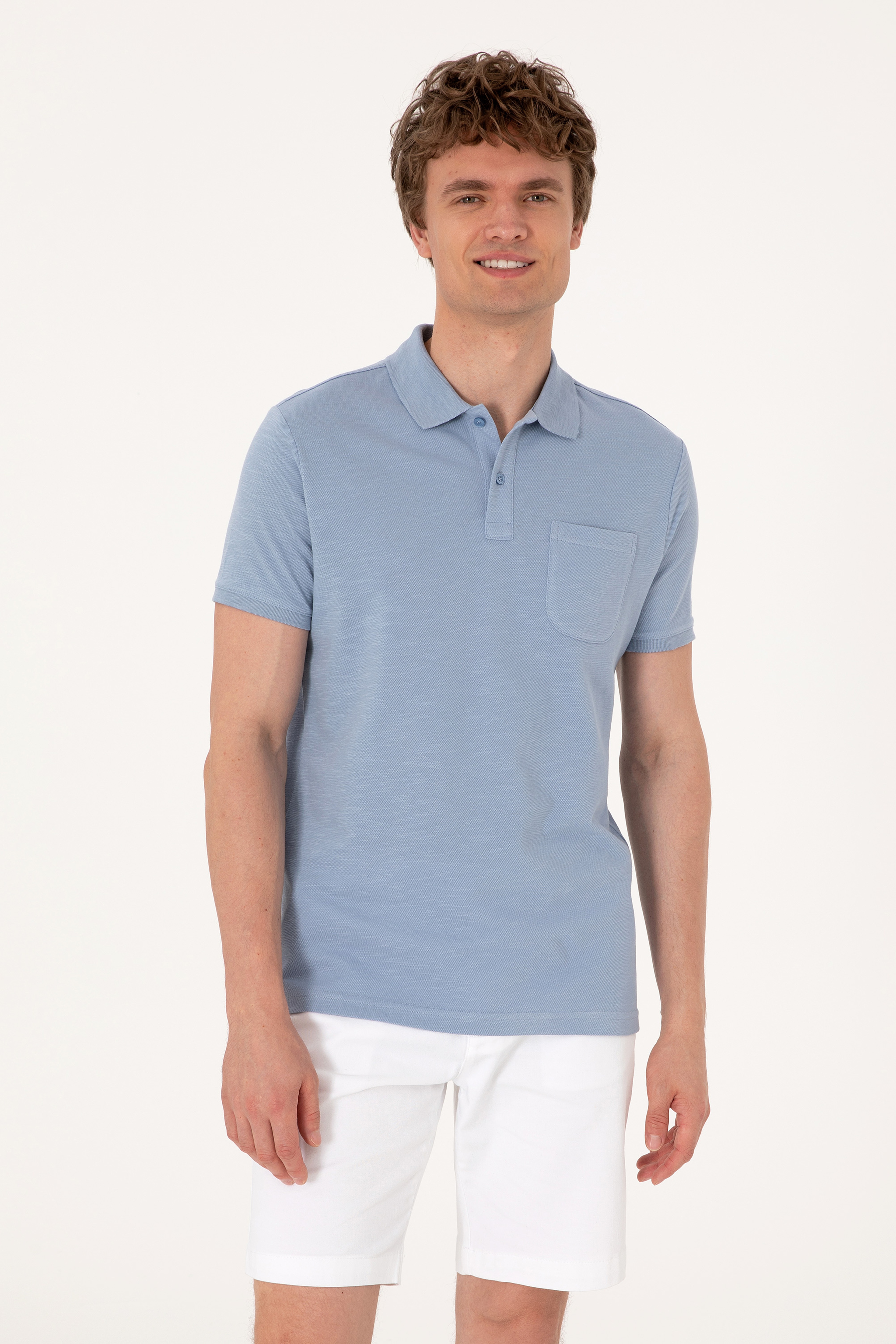 Erkek Slim Fit Mavi Polo Yaka Tişört - Image 1