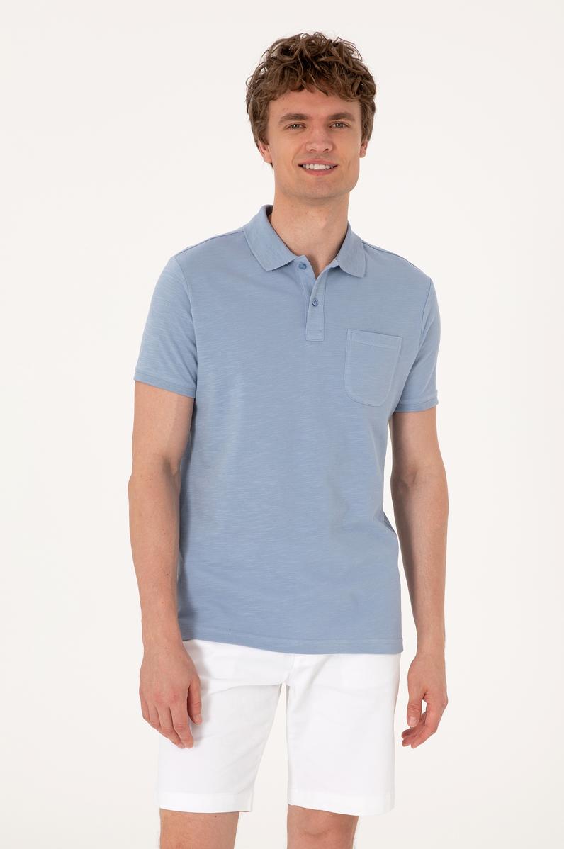 Erkek Slim Fit Mavi Polo Yaka Tişört