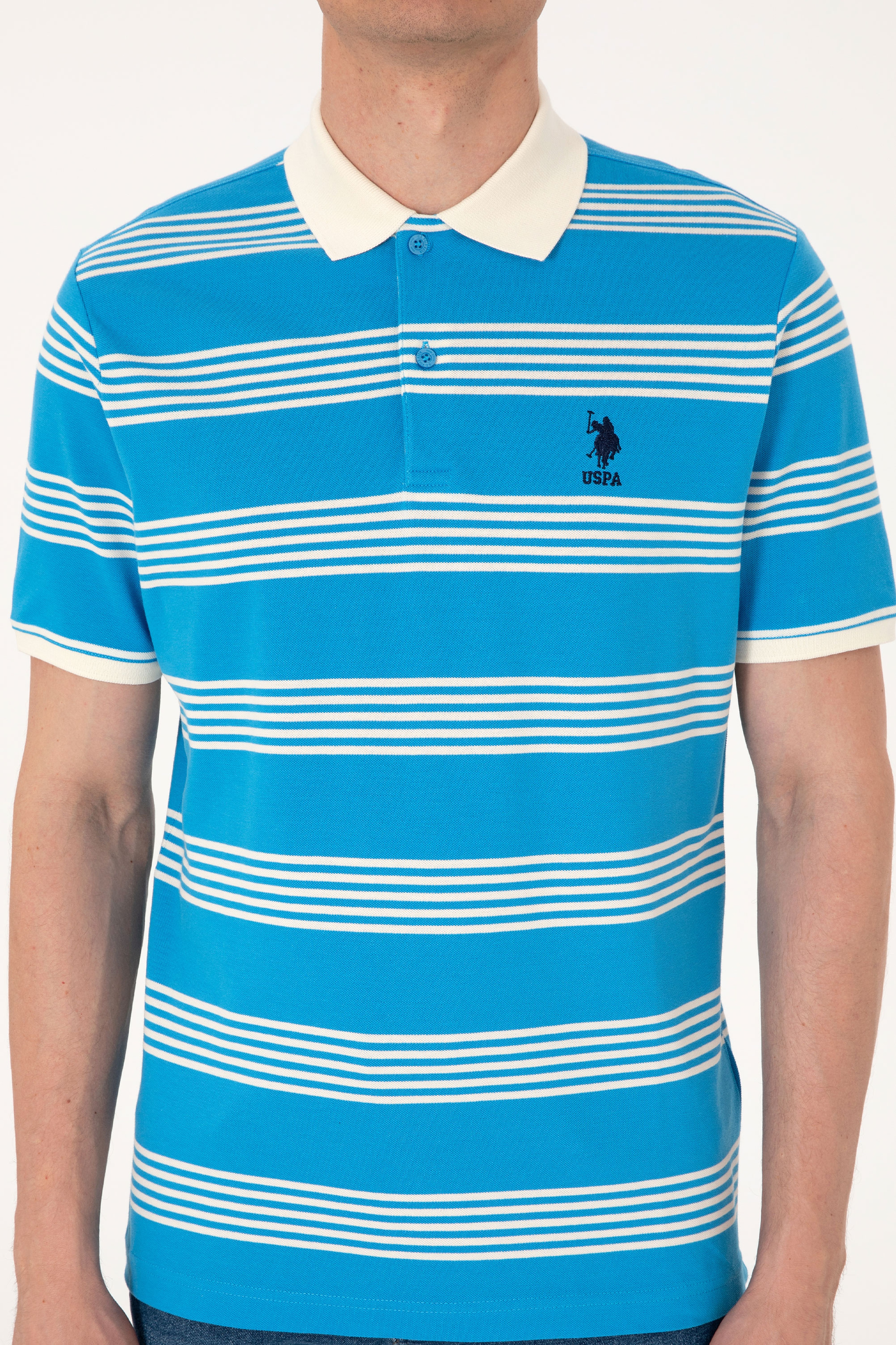 Erkek Regular Fit Polo Yaka Turkuaz Çizgili Tişört