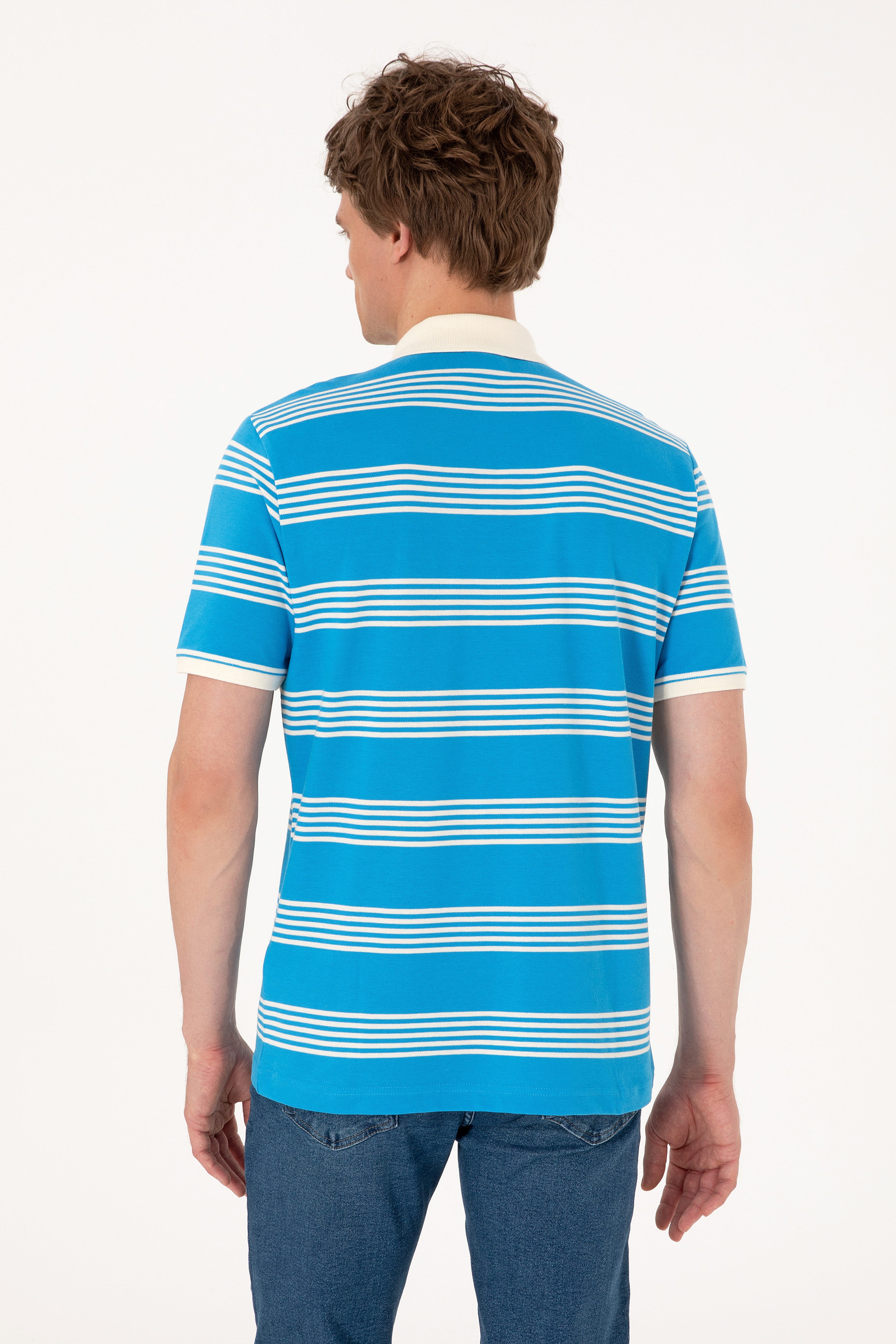 Erkek Regular Fit Polo Yaka Turkuaz Çizgili Tişört - Image 5