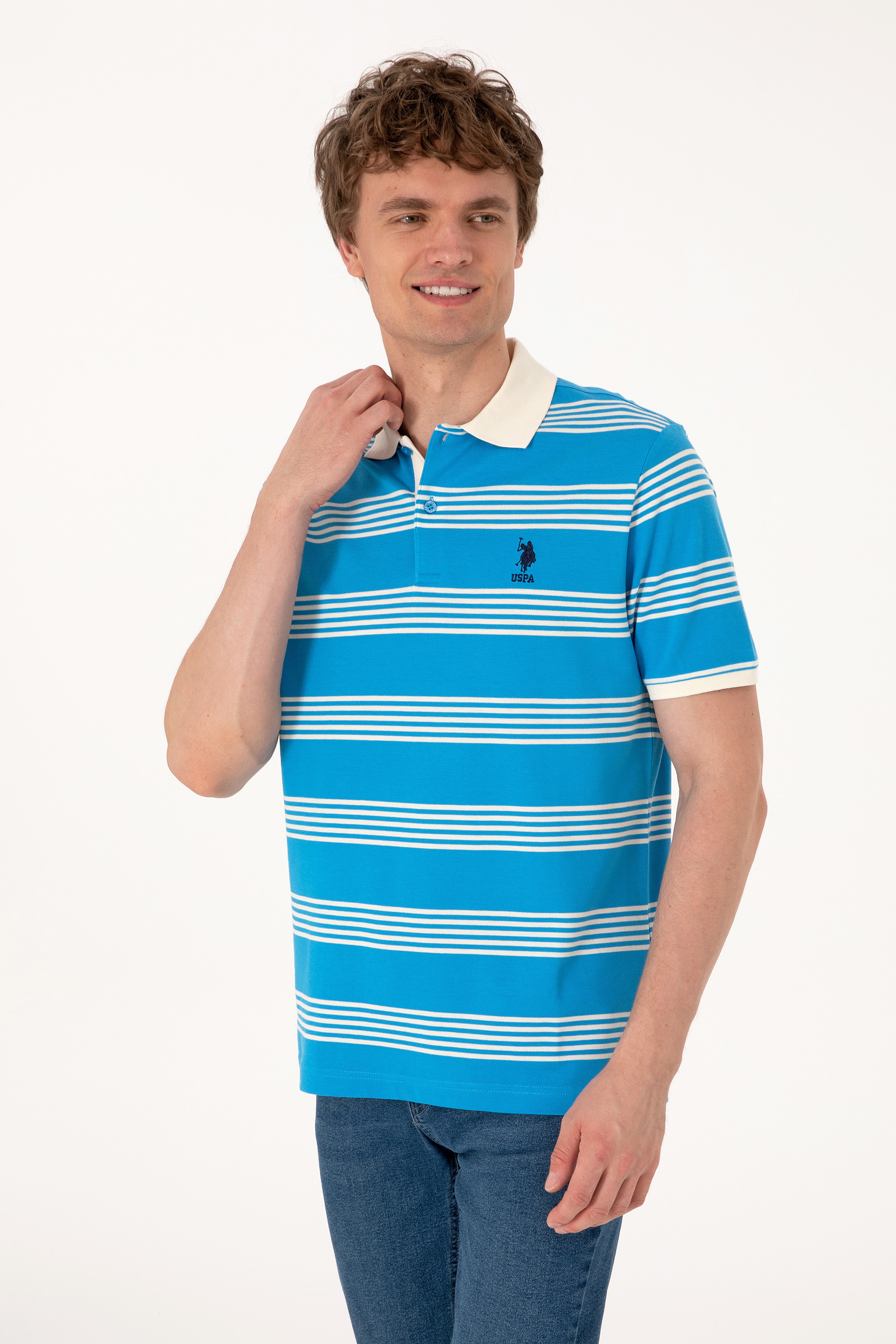 Erkek Regular Fit Polo Yaka Turkuaz Çizgili Tişört