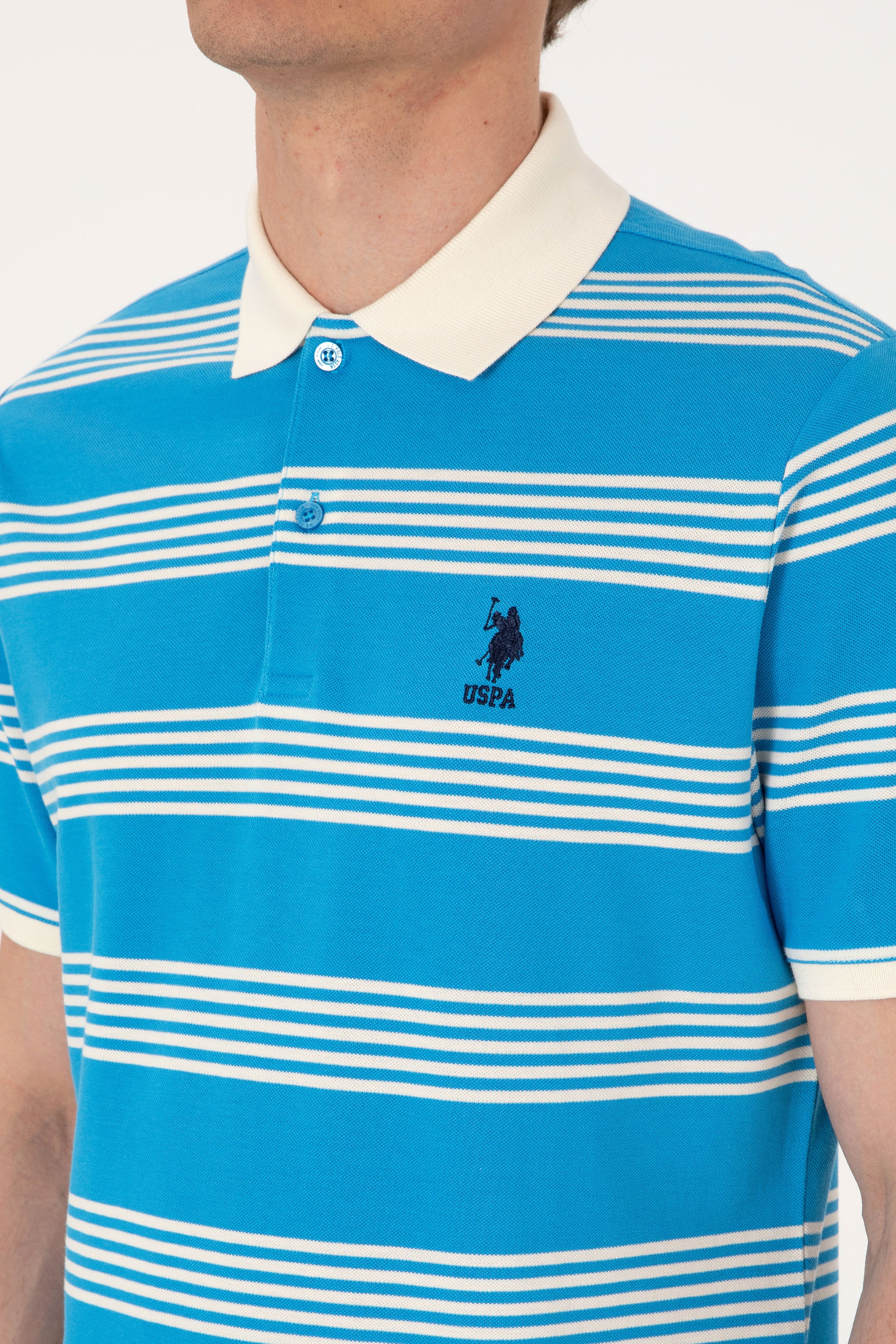 Erkek Regular Fit Polo Yaka Turkuaz Çizgili Tişört - Image 7
