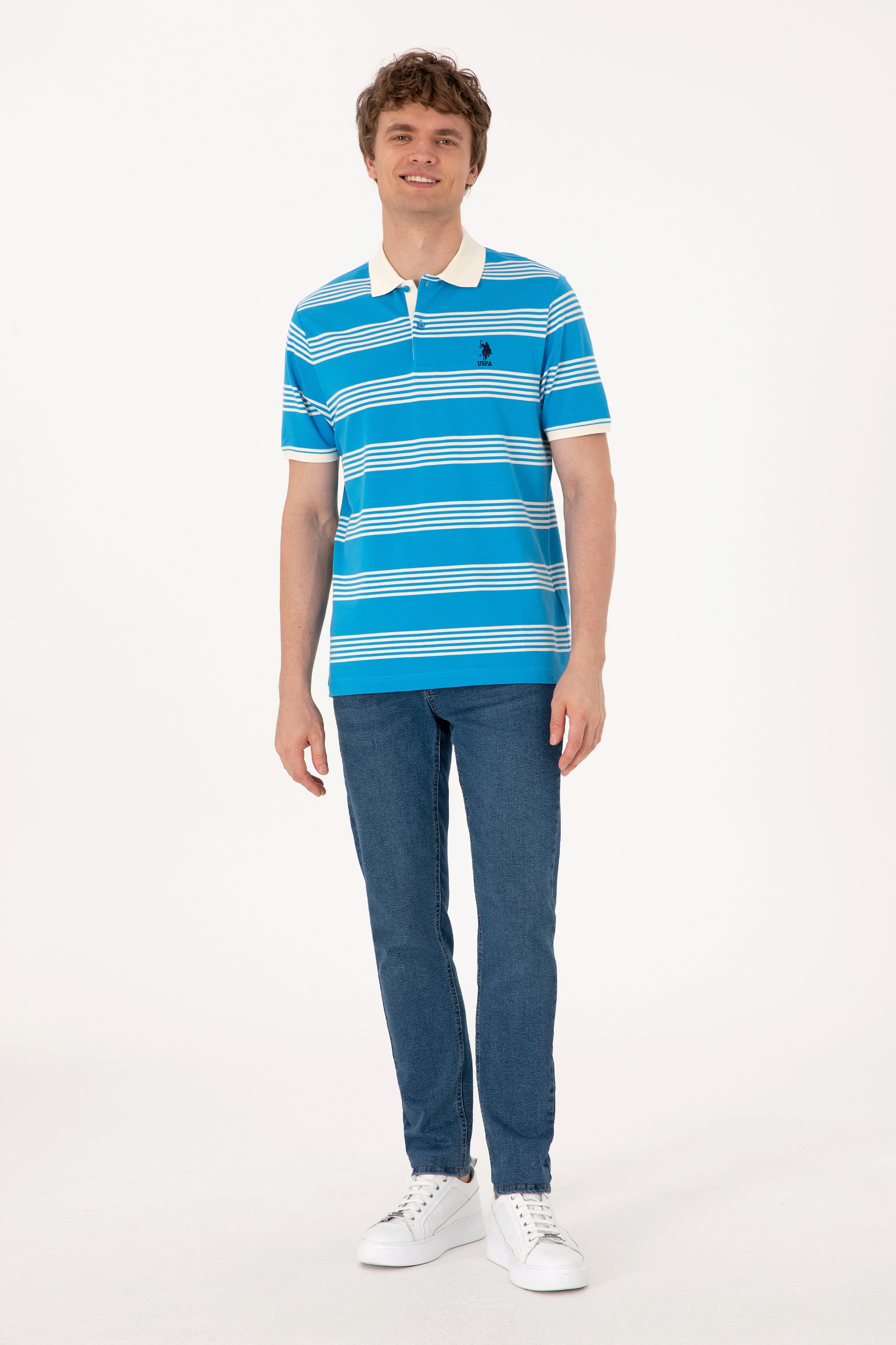 Erkek Regular Fit Polo Yaka Turkuaz Çizgili Tişört - Image 4