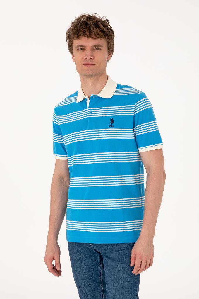 Erkek Regular Fit Polo Yaka Turkuaz Çizgili Tişört