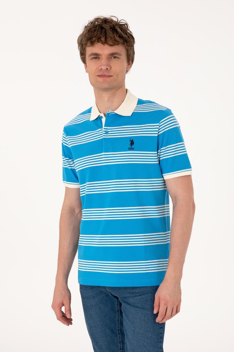 Erkek Regular Fit Polo Yaka Turkuaz Çizgili Tişört