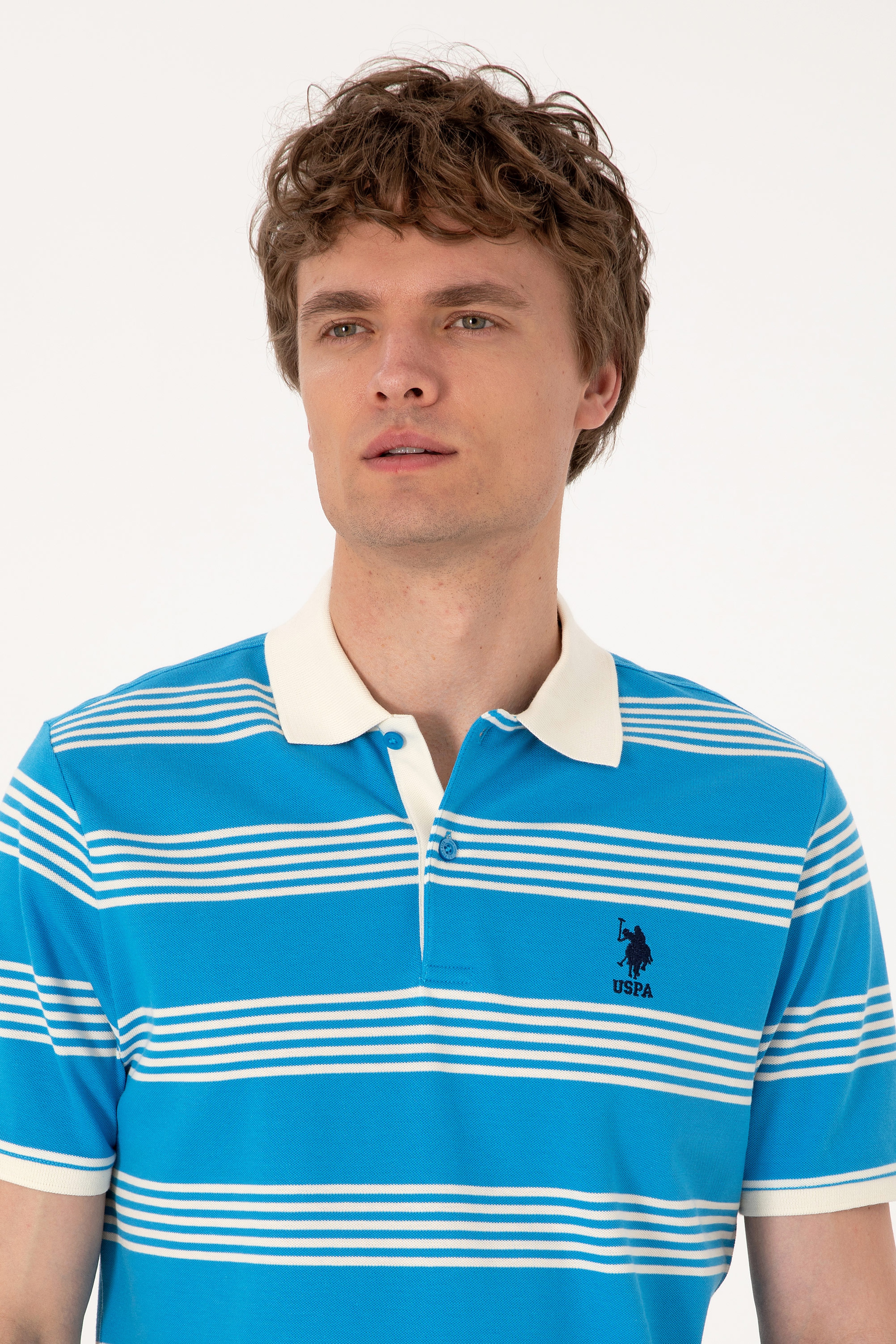 Erkek Regular Fit Polo Yaka Turkuaz Çizgili Tişört - Image 2