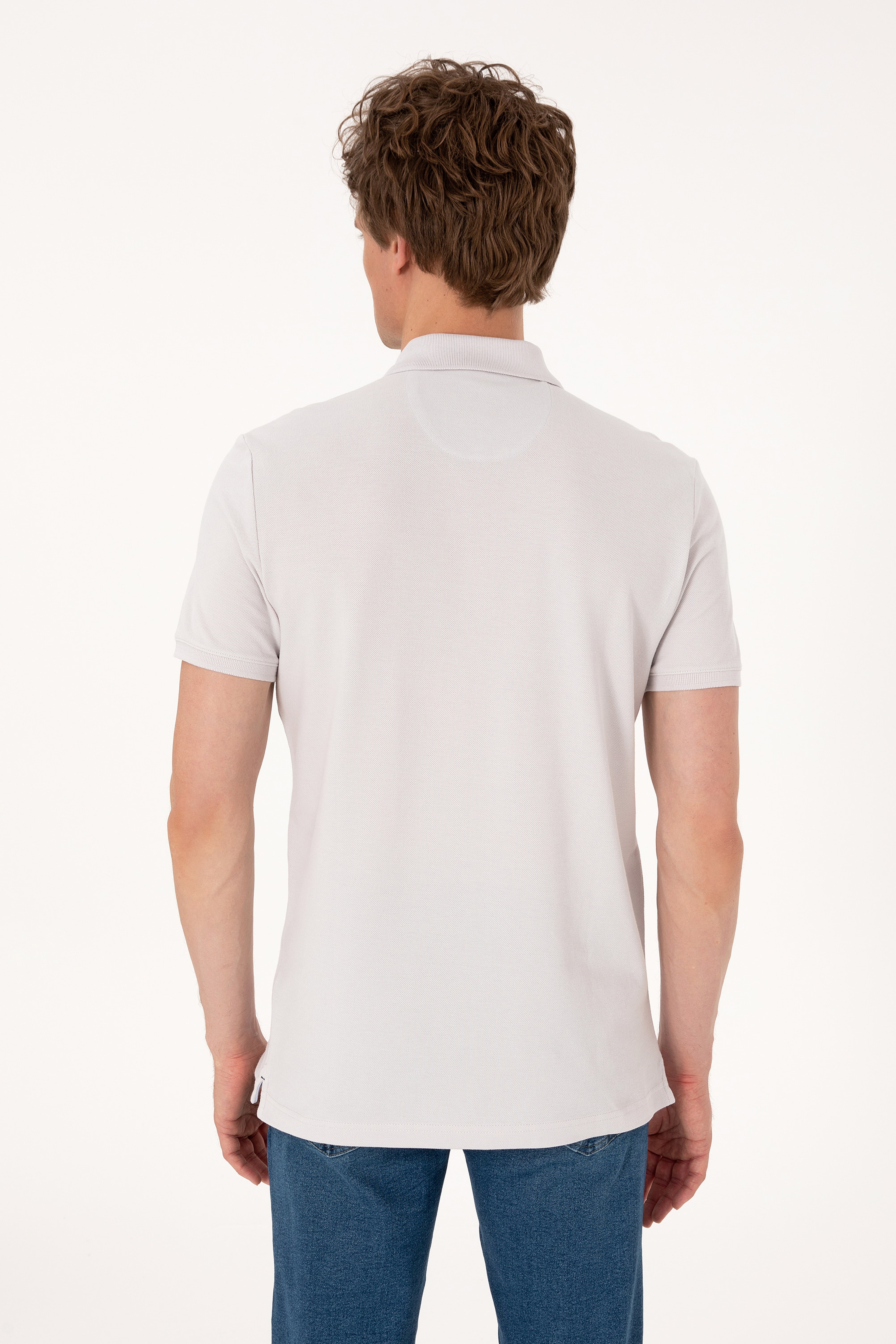 Erkek Slim Fit Polo Yaka Açık Gri Basic Tişört