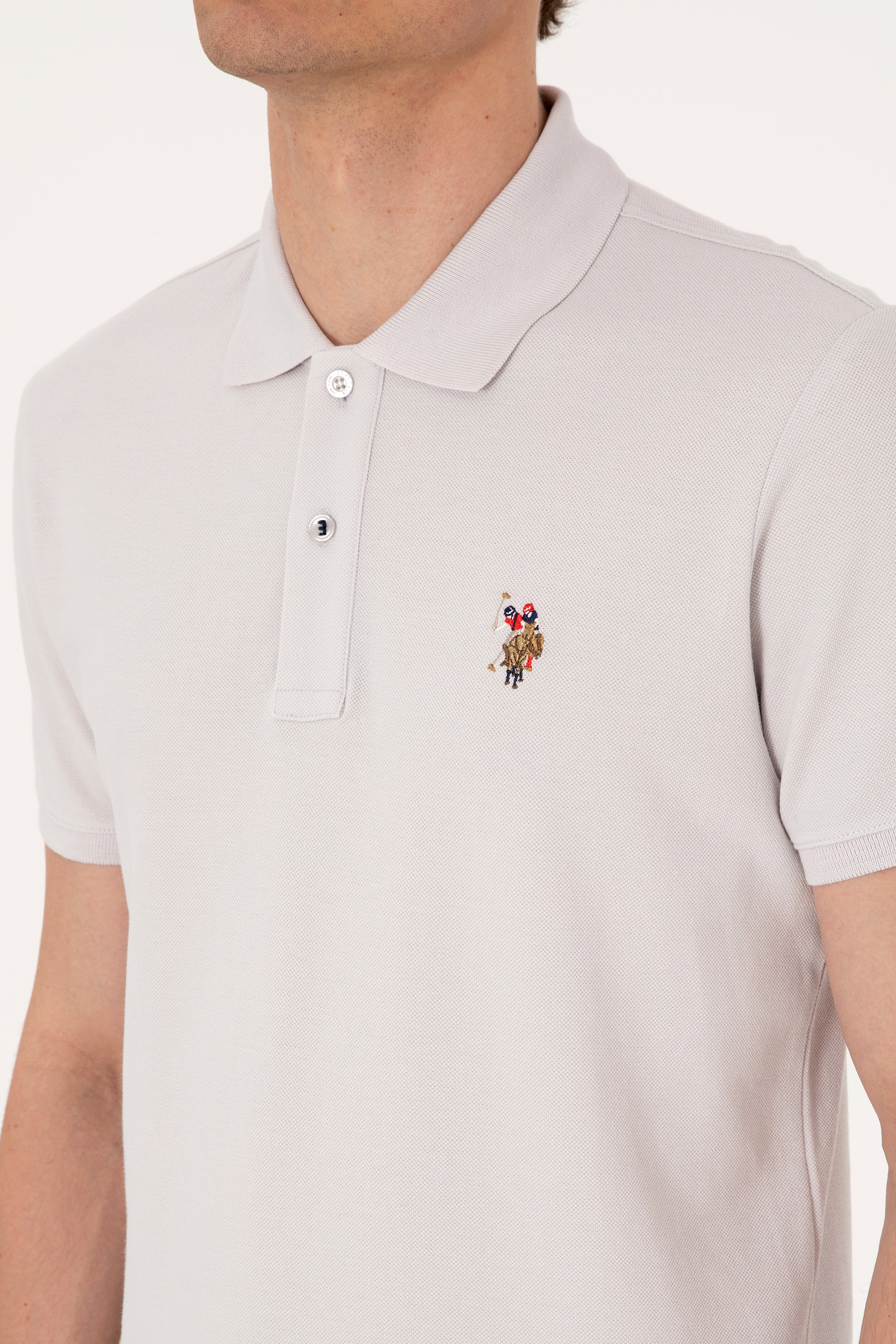Erkek Slim Fit Polo Yaka Açık Gri Basic Tişört - Image 7