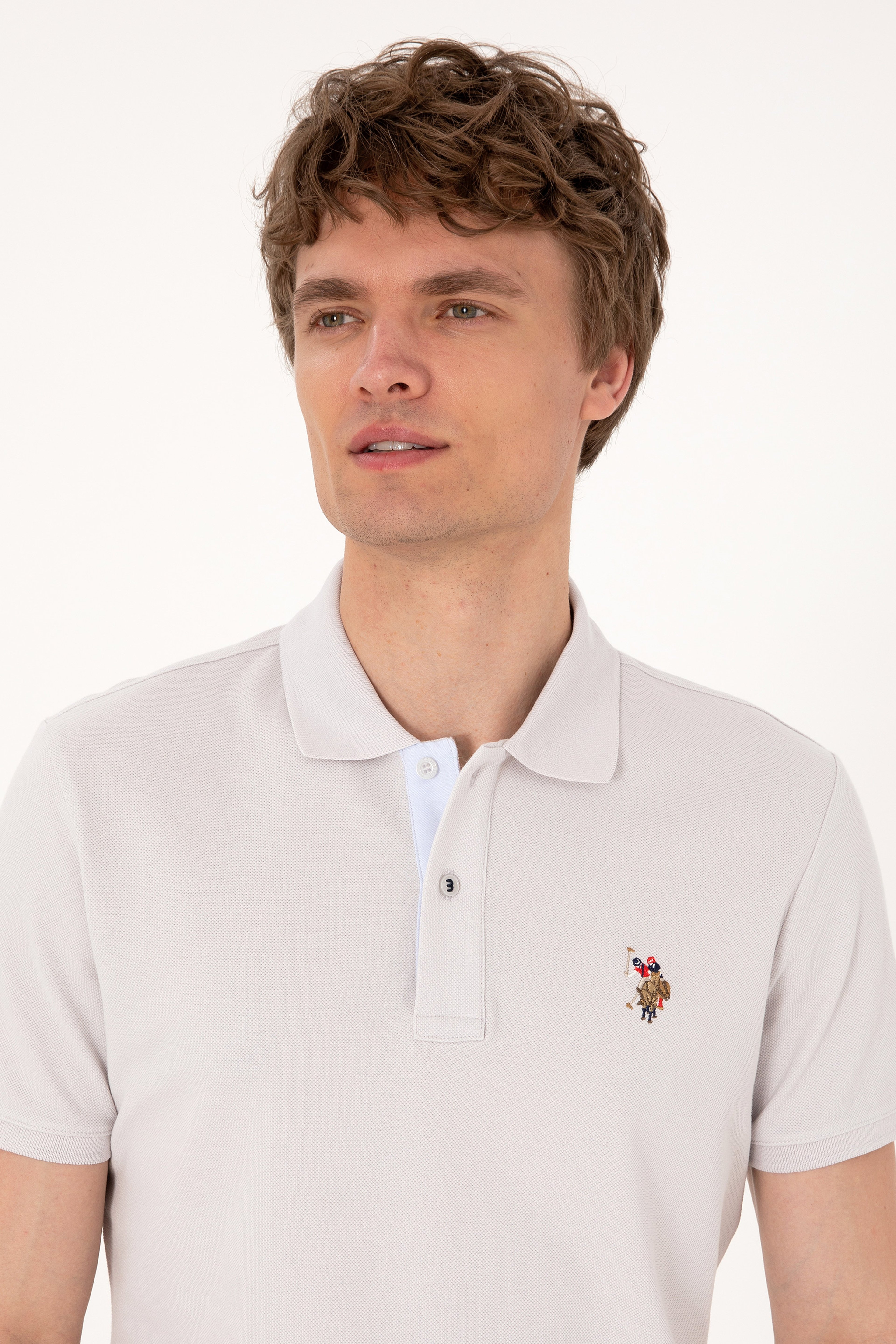 Erkek Slim Fit Polo Yaka Açık Gri Basic Tişört - Image 2