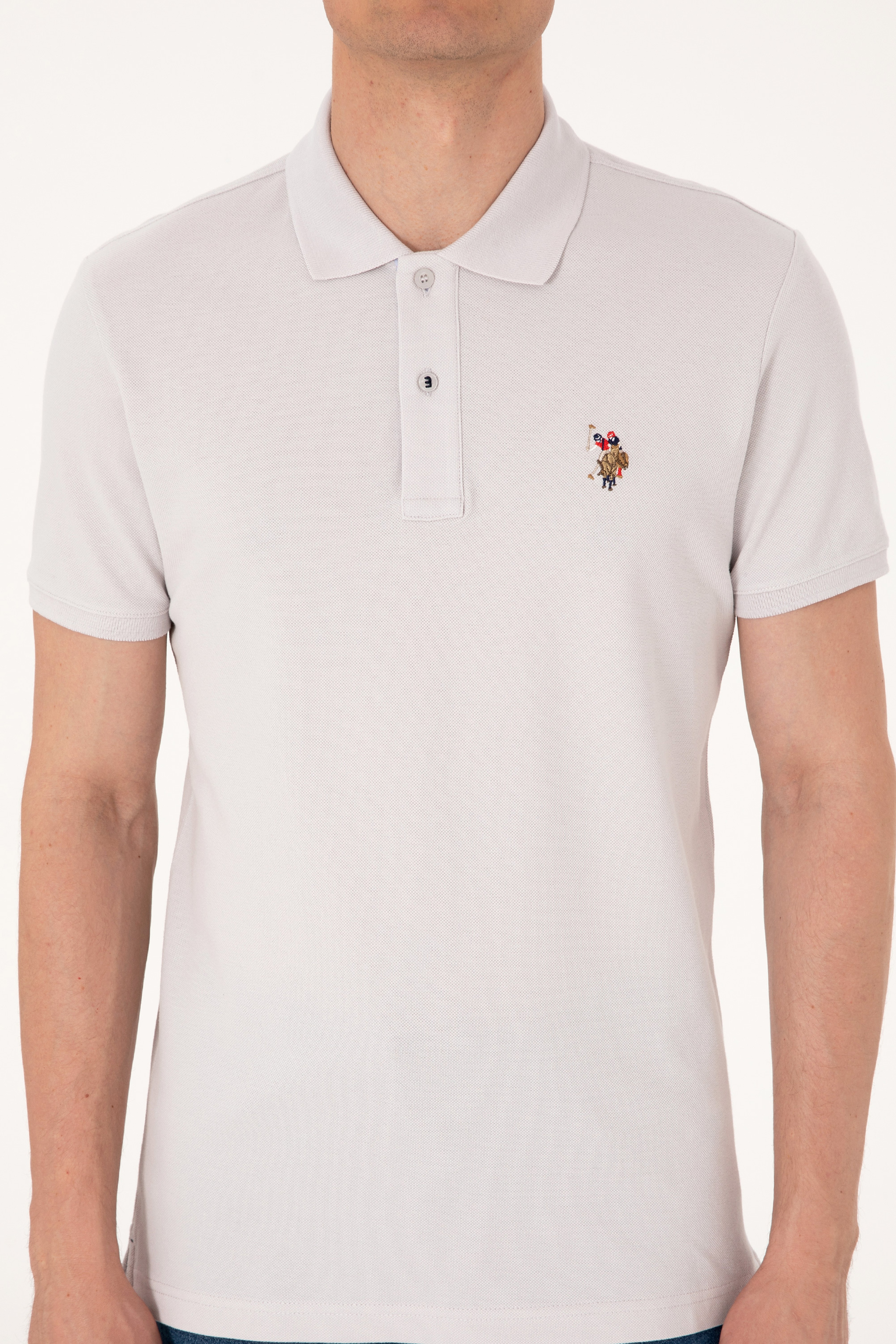 Erkek Slim Fit Polo Yaka Açık Gri Basic Tişört - Image 6