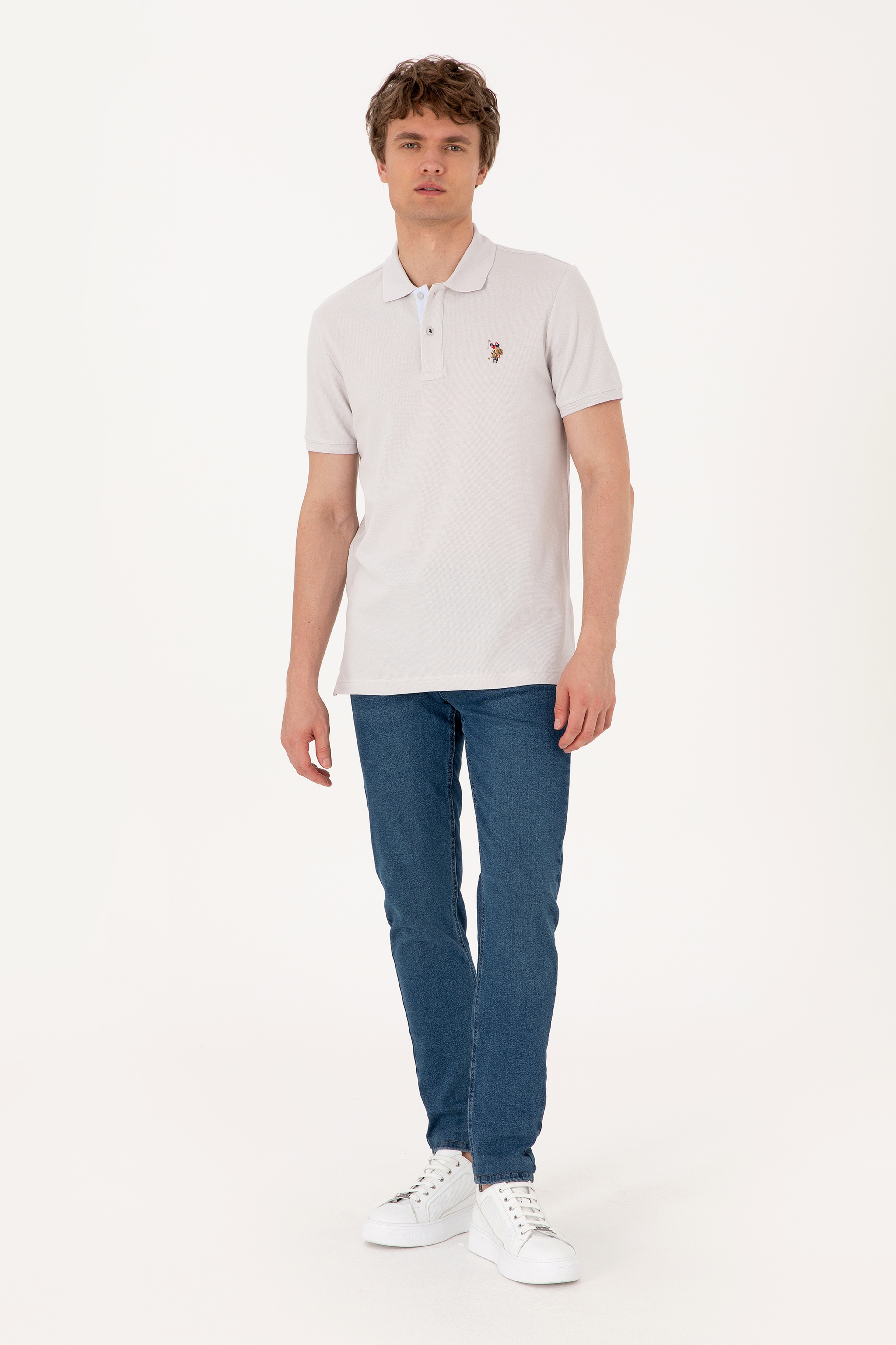 Erkek Slim Fit Polo Yaka Açık Gri Basic Tişört - Image 4