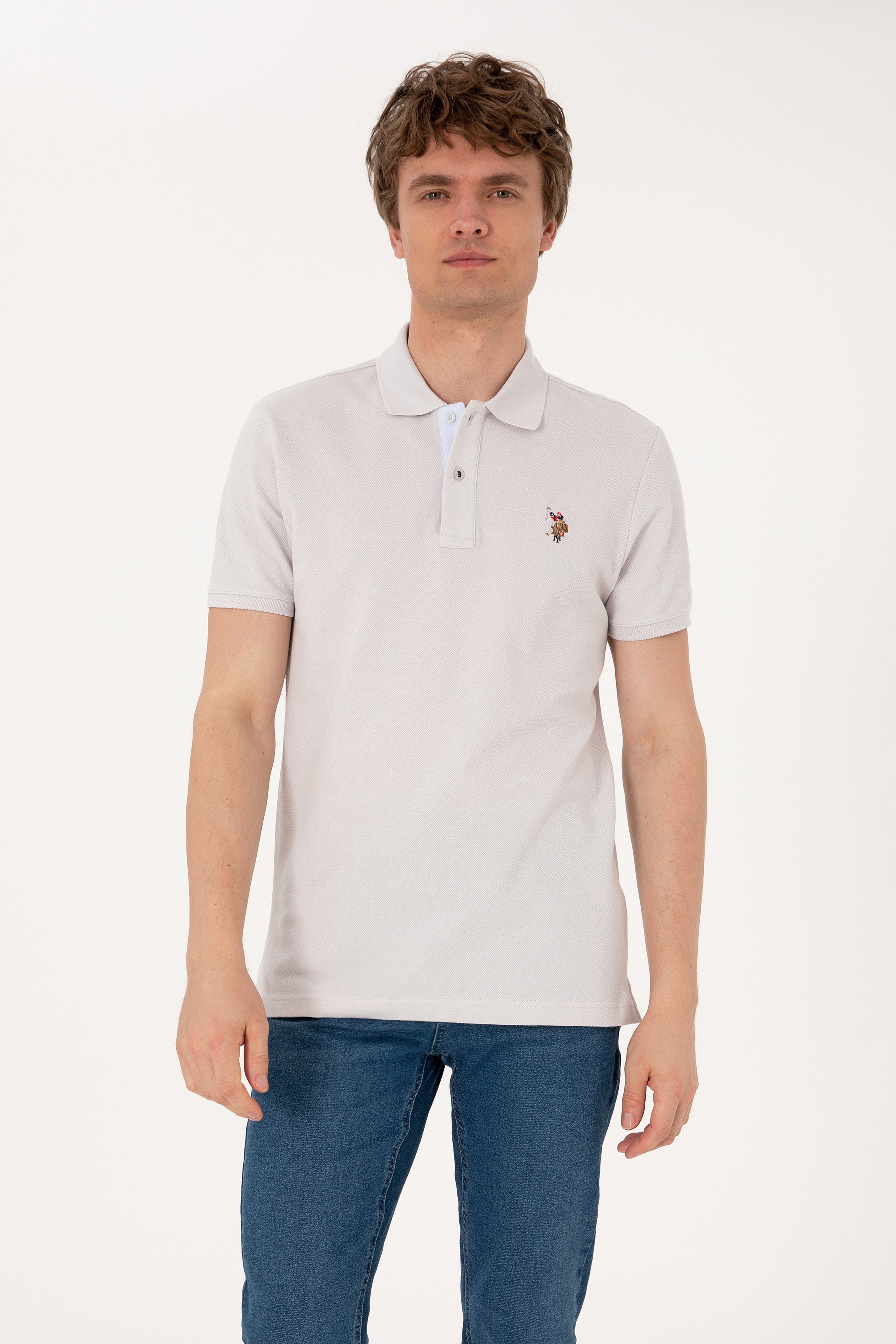 Erkek Slim Fit Polo Yaka Açık Gri Basic Tişört - Image 1