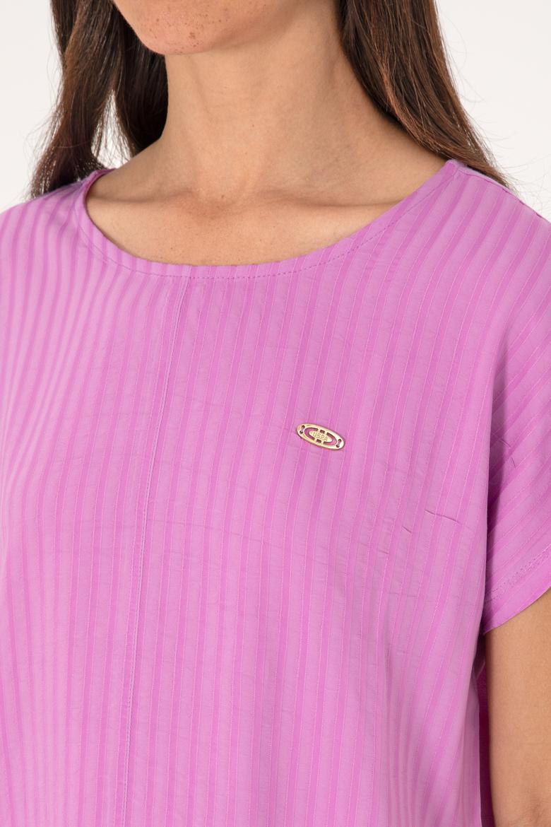 Kadın Fuşya Çizgili Bisiklet Yaka Tişört - 50300767006