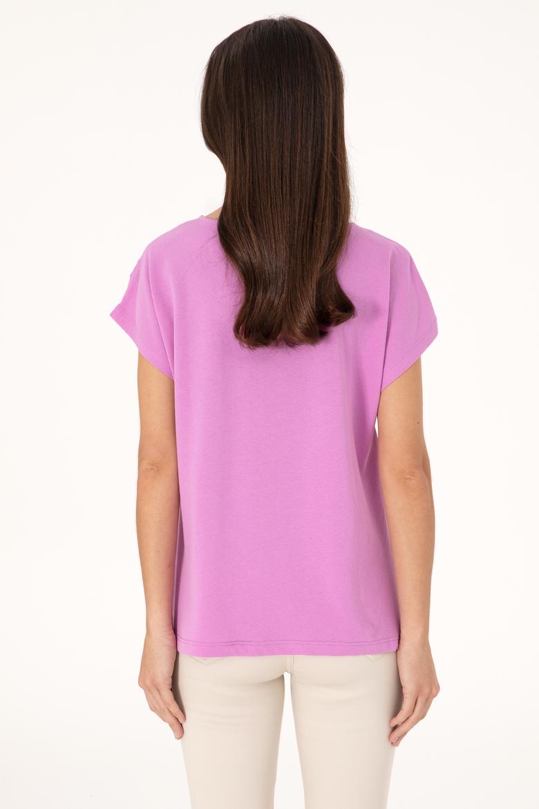 Kadın Fuşya Çizgili Bisiklet Yaka Tişört - 50300767006