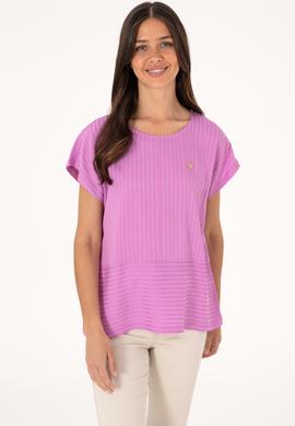 Kadın Fuşya Çizgili Bisiklet Yaka Tişört - 50300767006