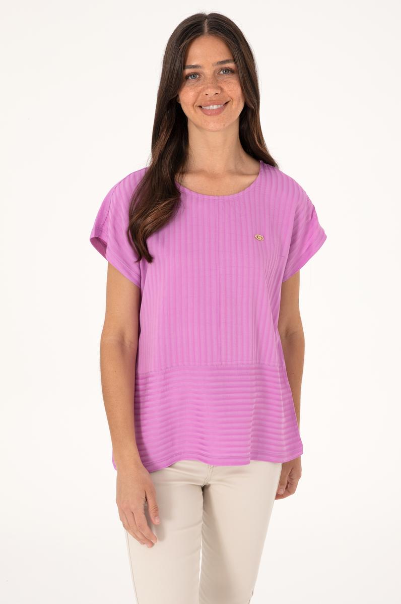 Kadın Fuşya Çizgili Bisiklet Yaka Tişört