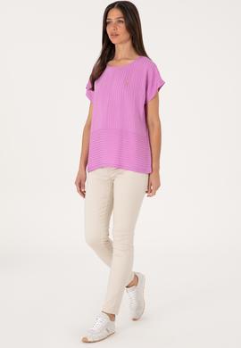 Kadın Fuşya Çizgili Bisiklet Yaka Tişört - 50300767006