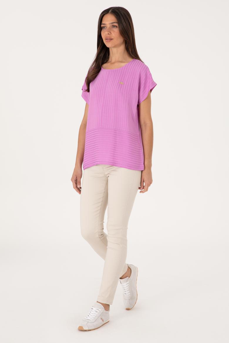 Kadın Fuşya Çizgili Bisiklet Yaka Tişört - 50300767006