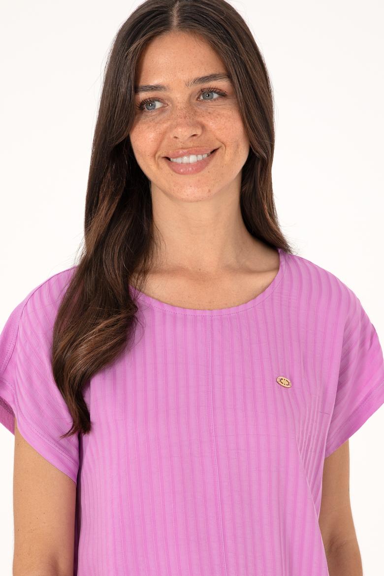 Kadın Fuşya Çizgili Bisiklet Yaka Tişört - 50300767006