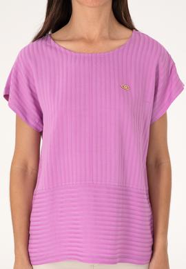Kadın Fuşya Çizgili Bisiklet Yaka Tişört - 50300767006