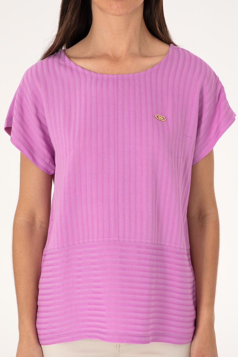 Kadın Fuşya Çizgili Bisiklet Yaka Tişört - 50300767006