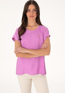 Kadın Fuşya Çizgili Bisiklet Yaka Tişört - 50300767006