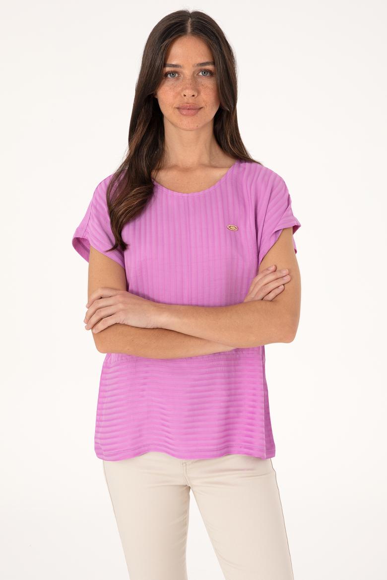 Kadın Fuşya Çizgili Bisiklet Yaka Tişört - 50300767006