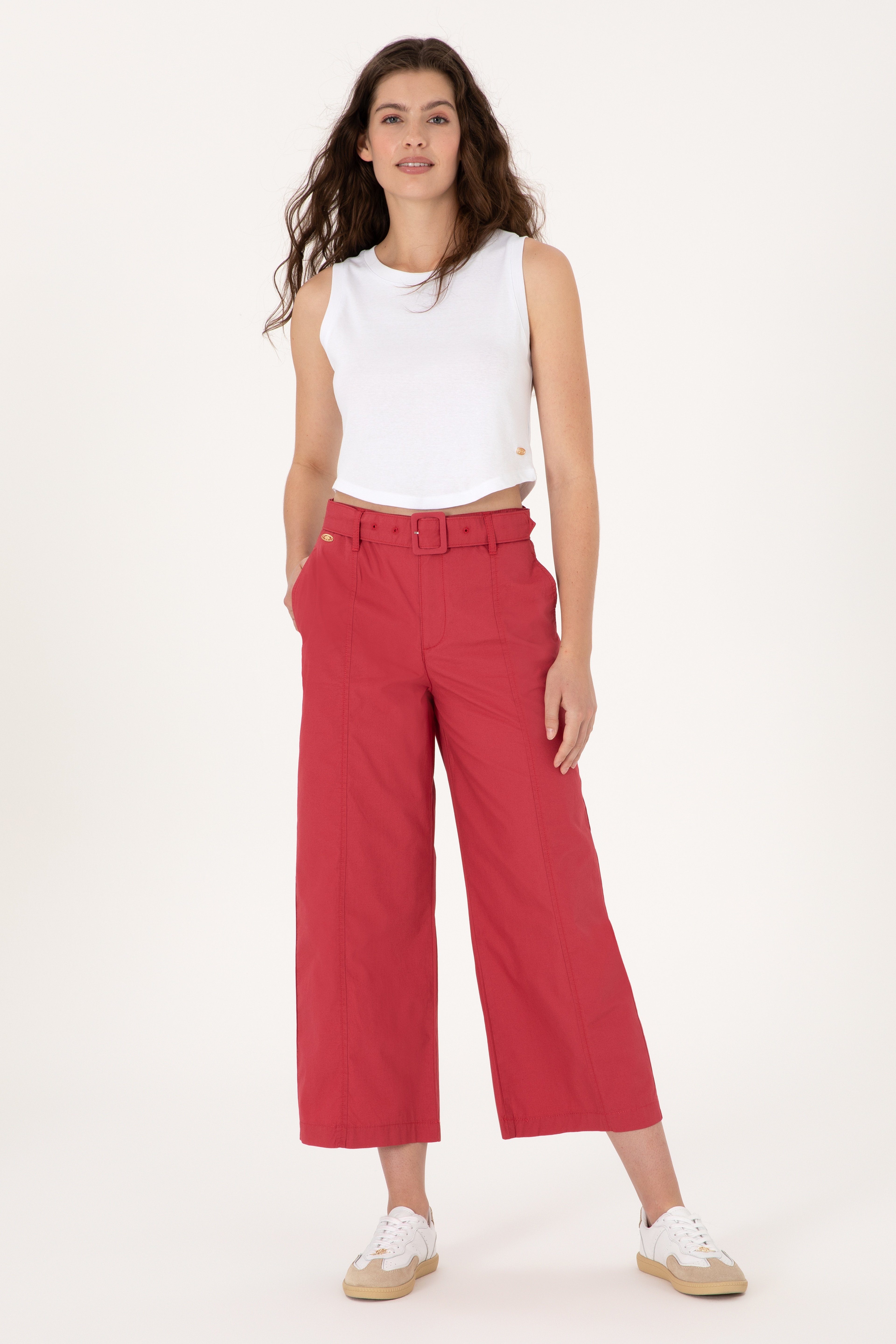 Kadın Vişne Flare Cropped Fit Kanvas Pantolon - Image 1