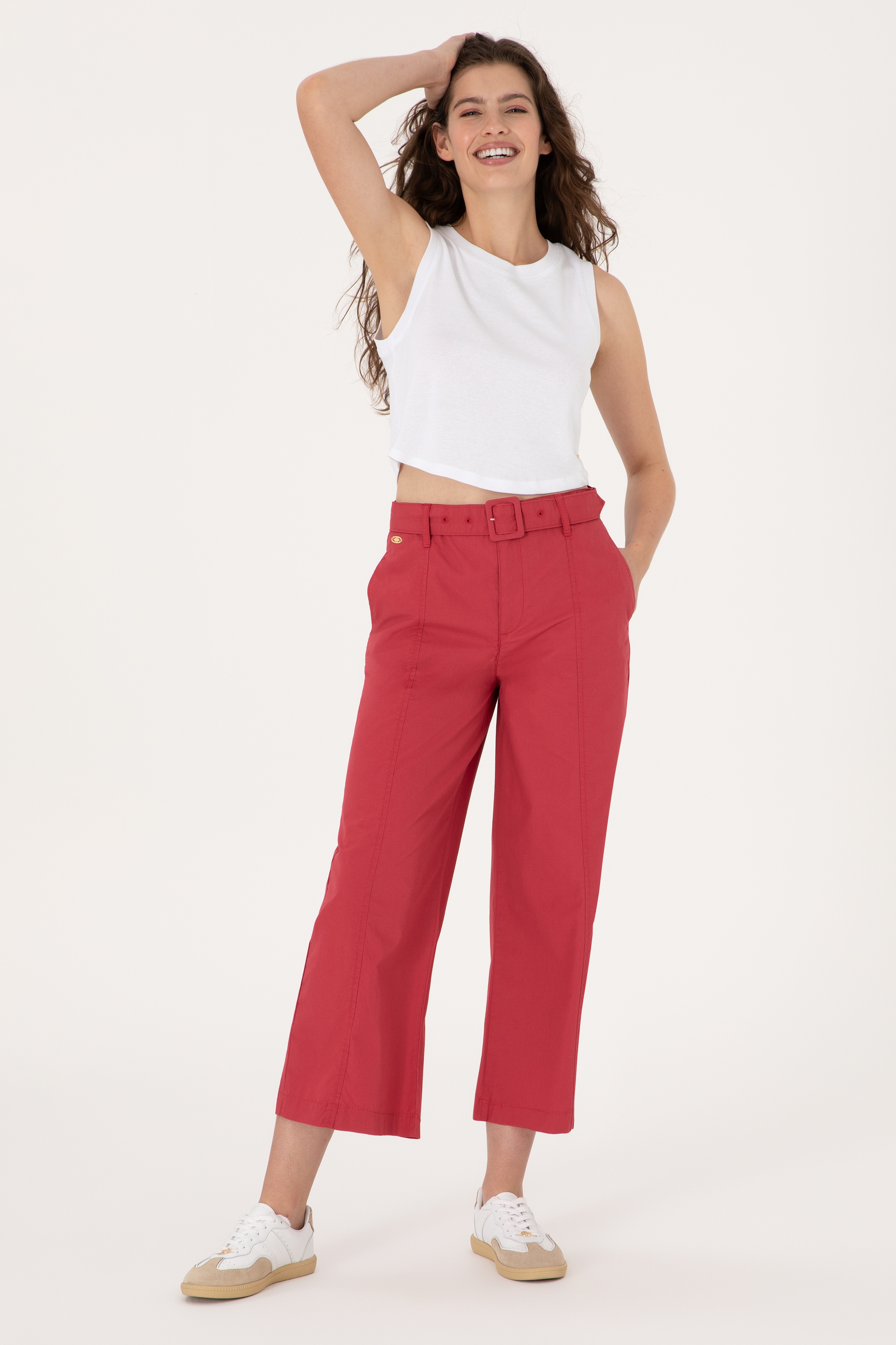 Kadın Vişne Flare Cropped Fit Kanvas Pantolon - Image 3