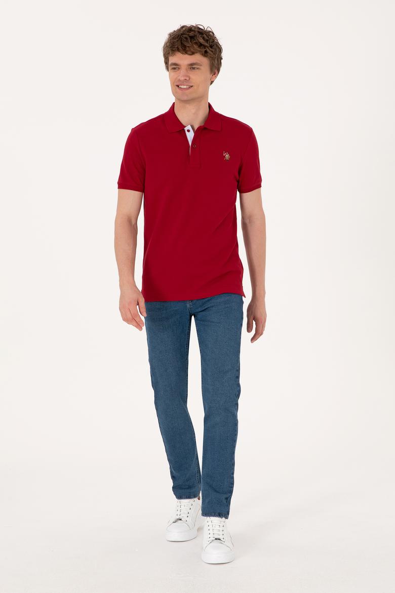Erkek Slim Fit Polo Yaka Bordo Basic Tişört - 50310669076