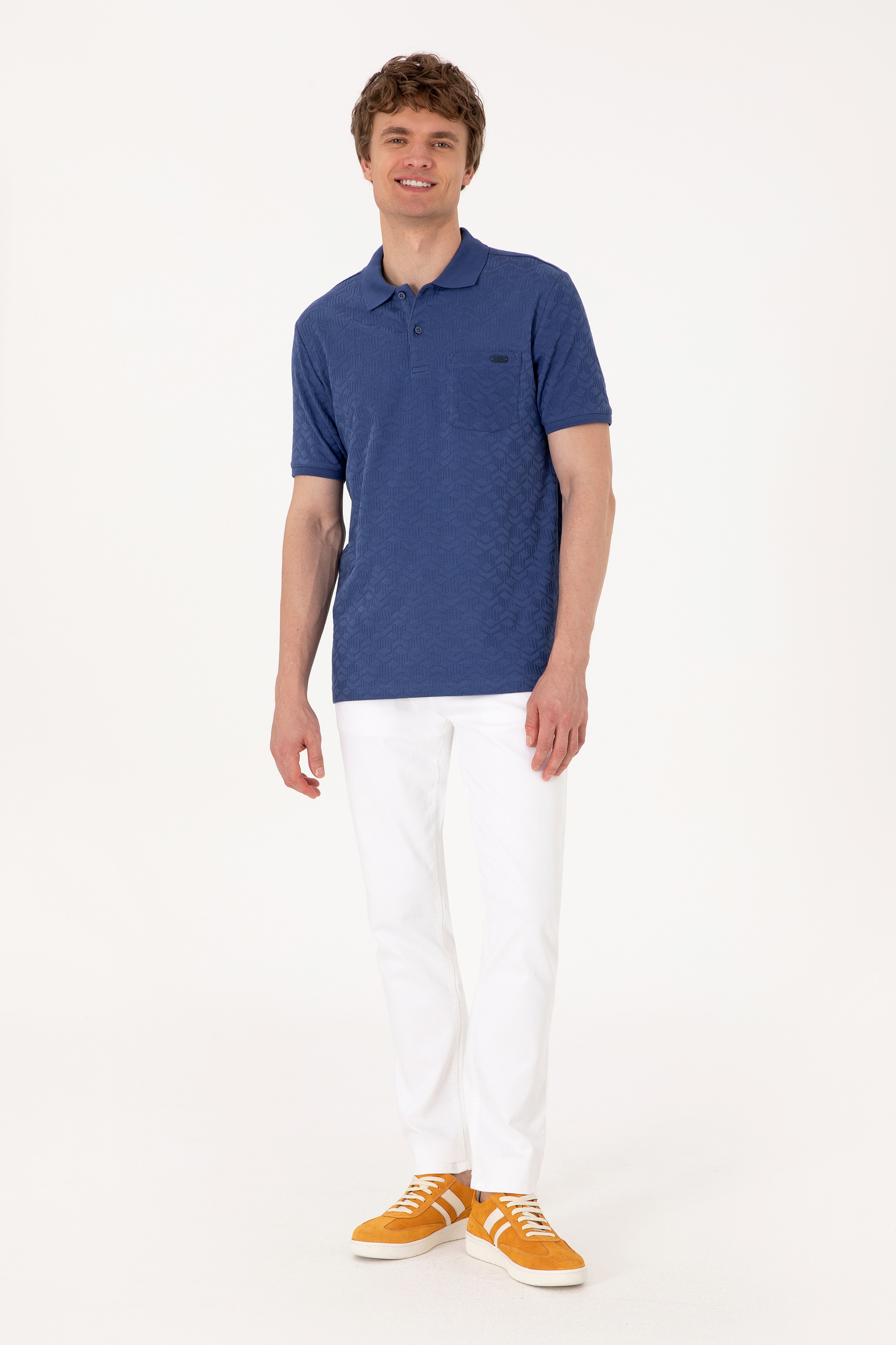 Erkek Regular Fit Polo Yaka Açık Lacivert Dokulu Tişört - Image 4