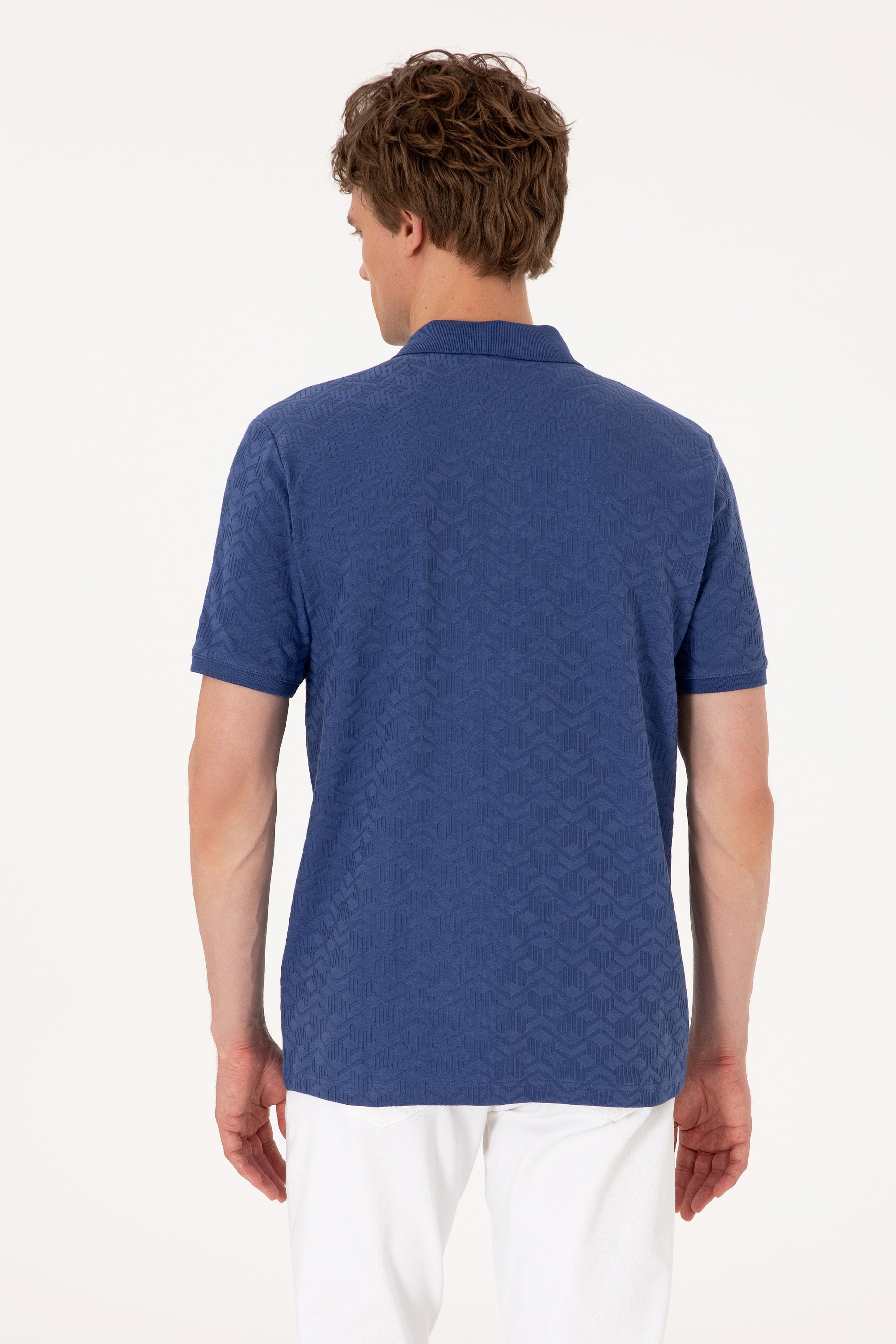 Erkek Regular Fit Polo Yaka Açık Lacivert Dokulu Tişört - Image 5