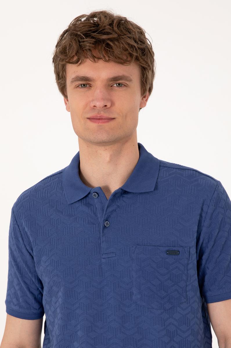 Erkek Regular Fit Polo Yaka Açık Lacivert Dokulu Tişört